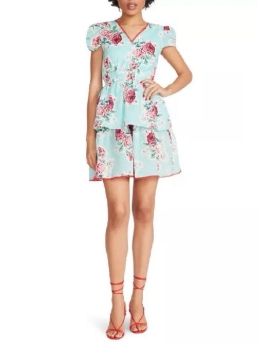 Betsey Johnson Seersucker Mini Dress Rose Garden Pastel Turquoise Women’s XS